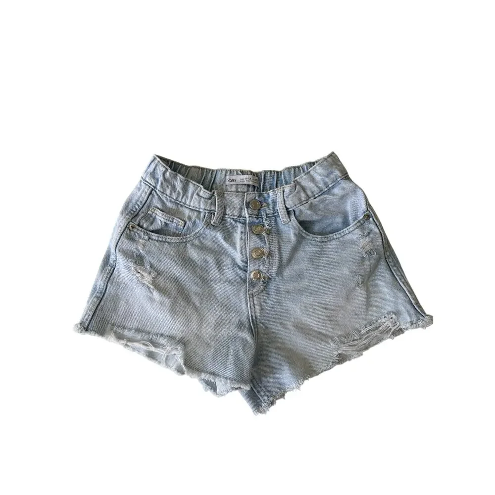 Trendy ZARA Girls Light Wash Distressed Denim Shorts